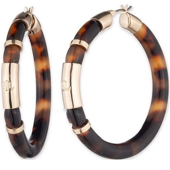 Ralph Lauren Brown and Gold Hoop Earrings Tortoise shell Logo - Picture 1 of 3